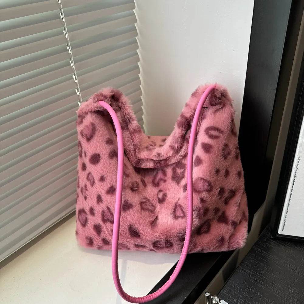 Leopard Furry Shoulder Bag Hot Pink One Size for a perfect OOTD – dress to impress outfits from Amexza