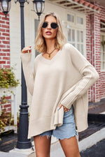V-Neck Slit Exposed Seam Sweater Cream for a perfect OOTD – dress to impress outfits from Amexza