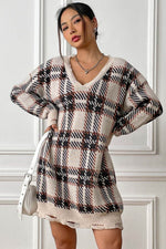 Plaid V-Neck Long Sleeve Sweater Dress Pastel Yellow One Size for a perfect OOTD – dress to impress outfits from Amexza