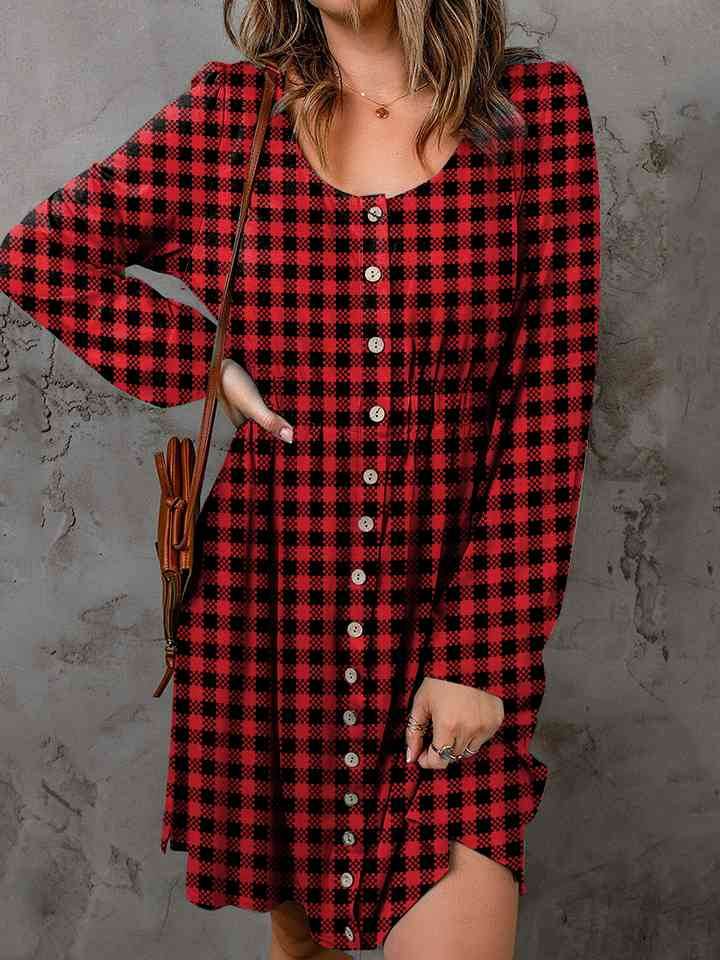 Double Take Full Size Plaid Round Neck Long Sleeve Magic Dress for a perfect OOTD – dress to impress outfits from Amexza