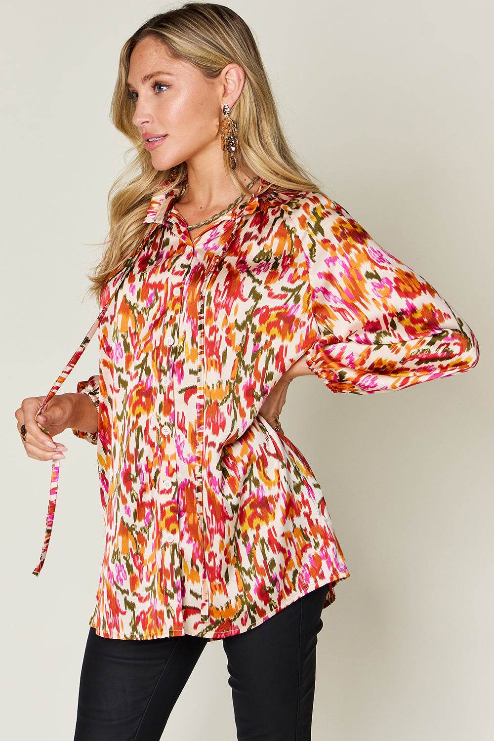 Double Take Full Size Printed Button Up Long Sleeve Shirt - Amexza