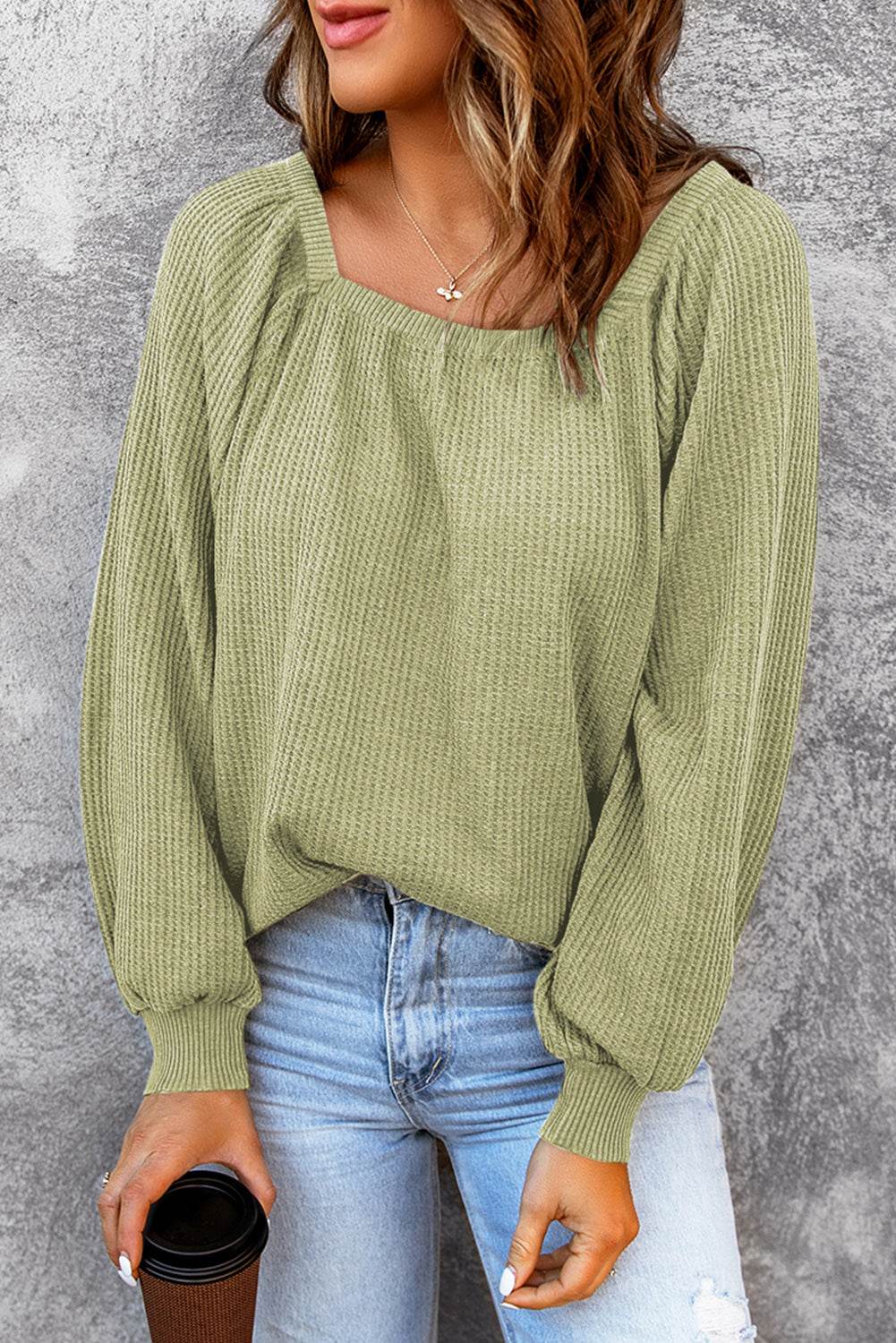 Square Neck Waffle-Knit Top - Amexza