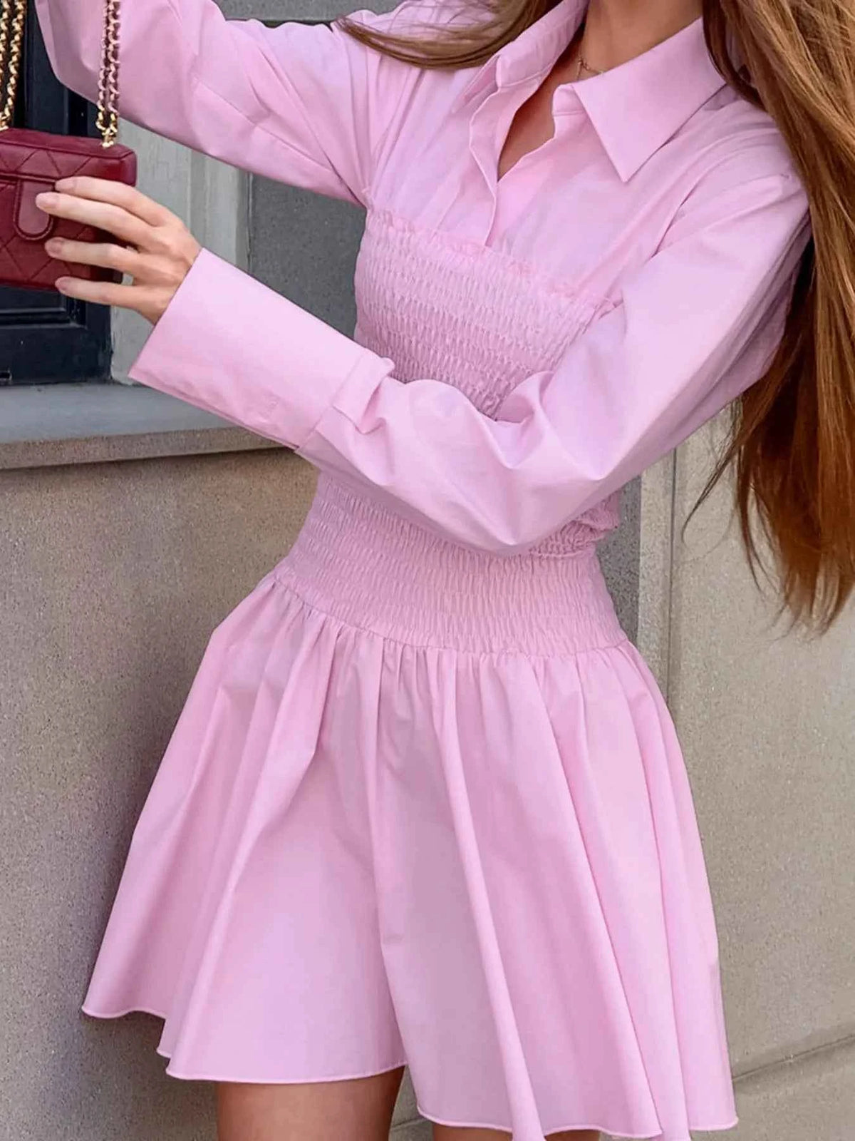 Smocked Long Sleeve Shirt Dress