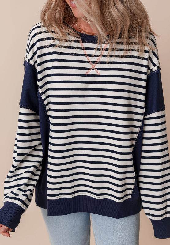 Exposed Seam Striped Long Sleeve Sweatshirt for a perfect OOTD – dress to impress outfits from Amexza