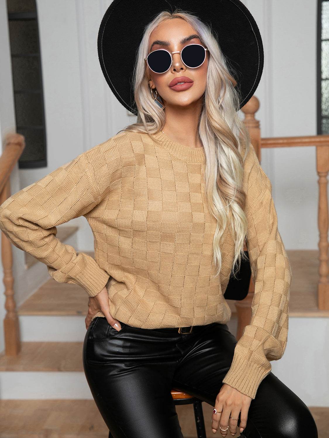 Round Neck Drop Shoulder Sweater Khaki for a perfect OOTD – dress to impress outfits from Amexza