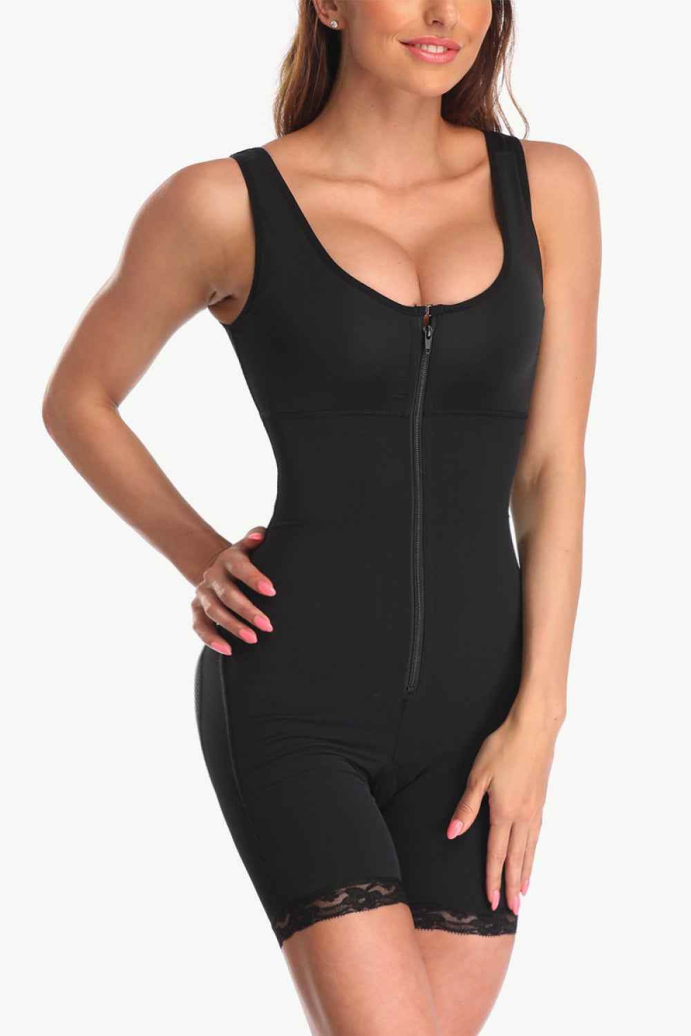 Full Size Zip-Up Lace Detail Shapewear Black for a perfect OOTD – dress to impress outfits from Amexza