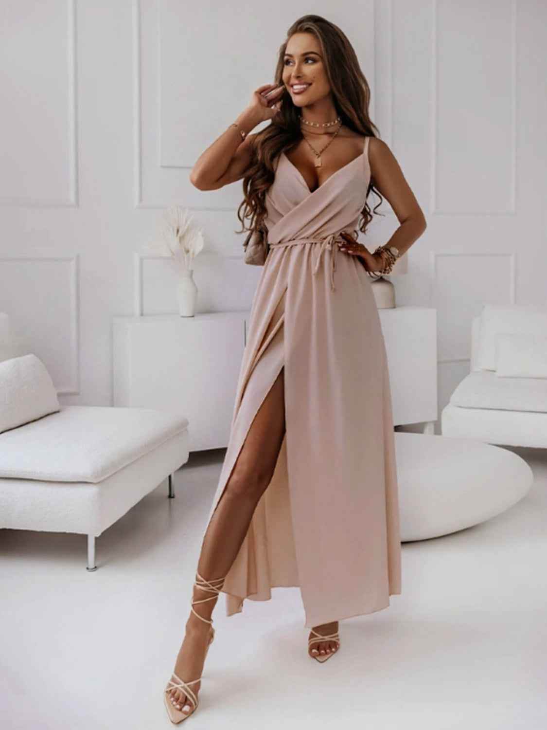 Honey Tied Surplice Sleeveless Midi Cami Dress - Amexza
