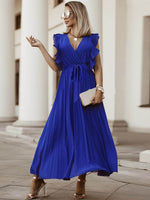 Tied Surplice Cap Sleeve Pleated Dress - Amexza