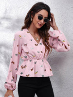 Butterfly V-Neck Balloon Sleeve Peplum Blouse - Amexza