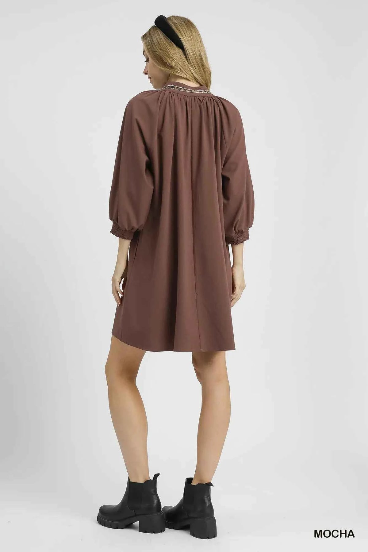 Umgee Notched Shift Dress with Trim Detail