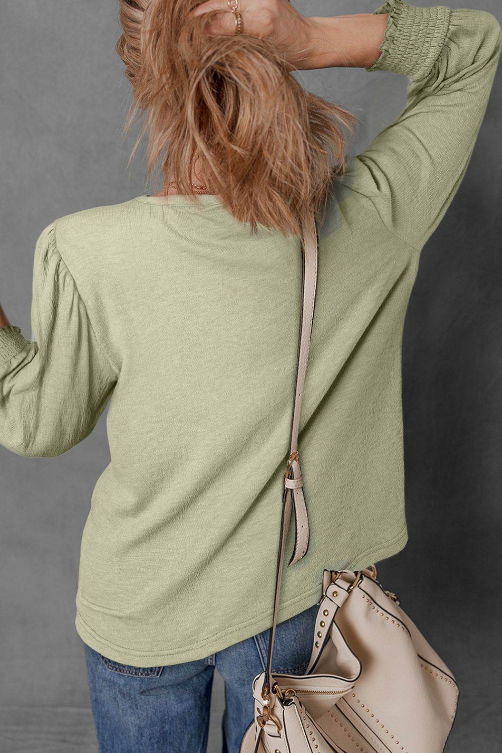 Textured Round Neck Three-Quarter Sleeve Blouse - Amexza