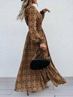 Slit Plaid Tie Neck Long Sleeve Maxi Dress - Amexza