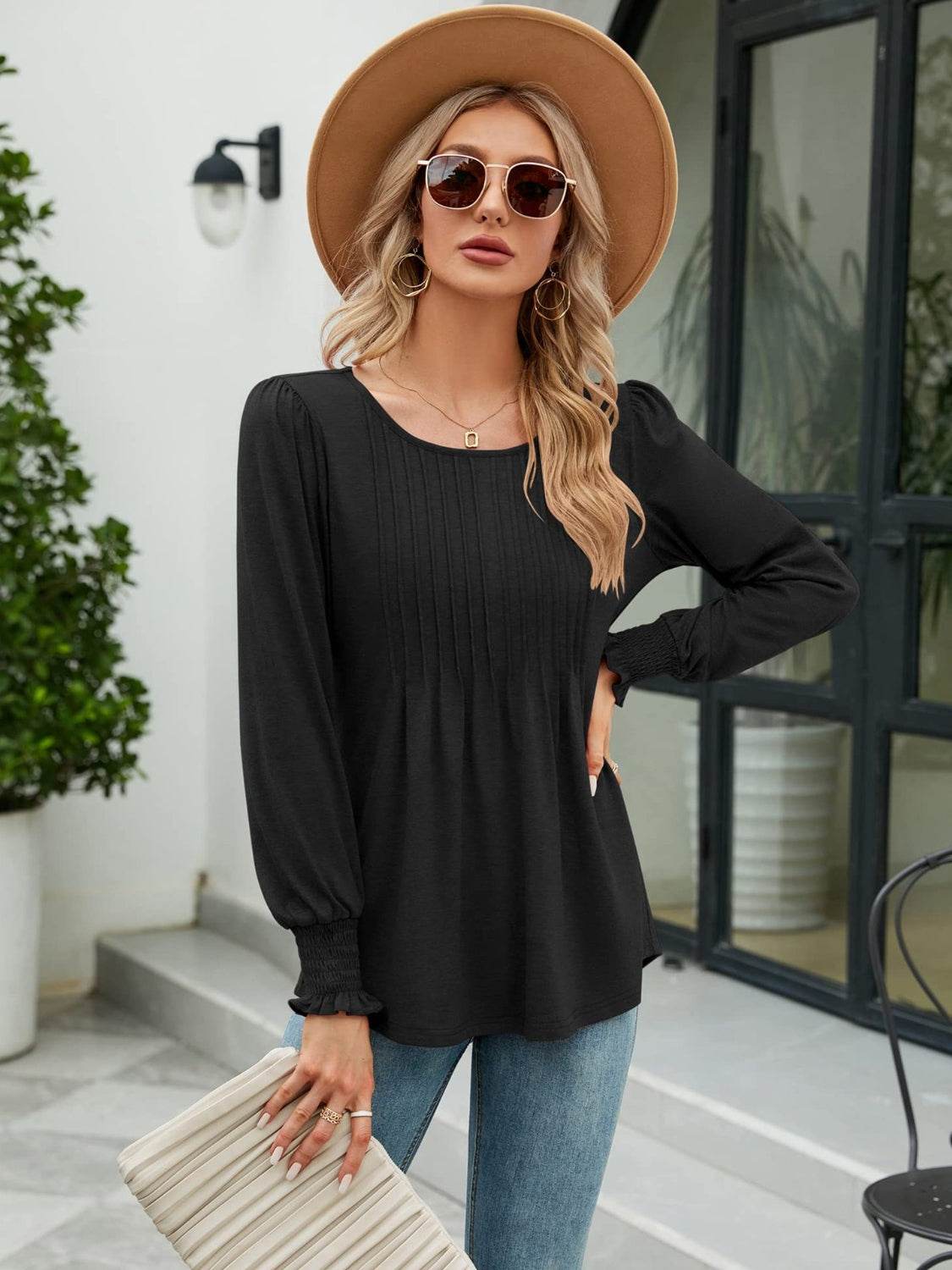 Smocked Round Neck Lantern Sleeve Blouse - Amexza