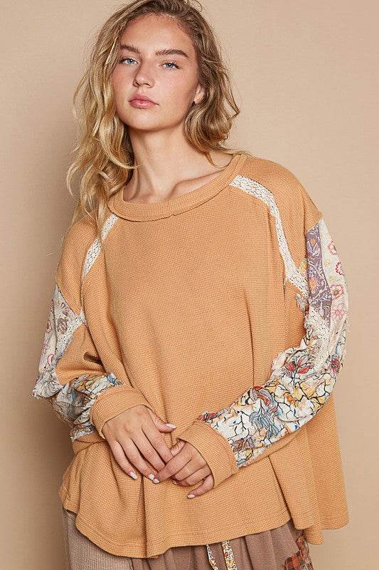 POL Waffle-Knit Lace Detail Round Neck Top Sherbet for a perfect OOTD – dress to impress outfits from Amexza