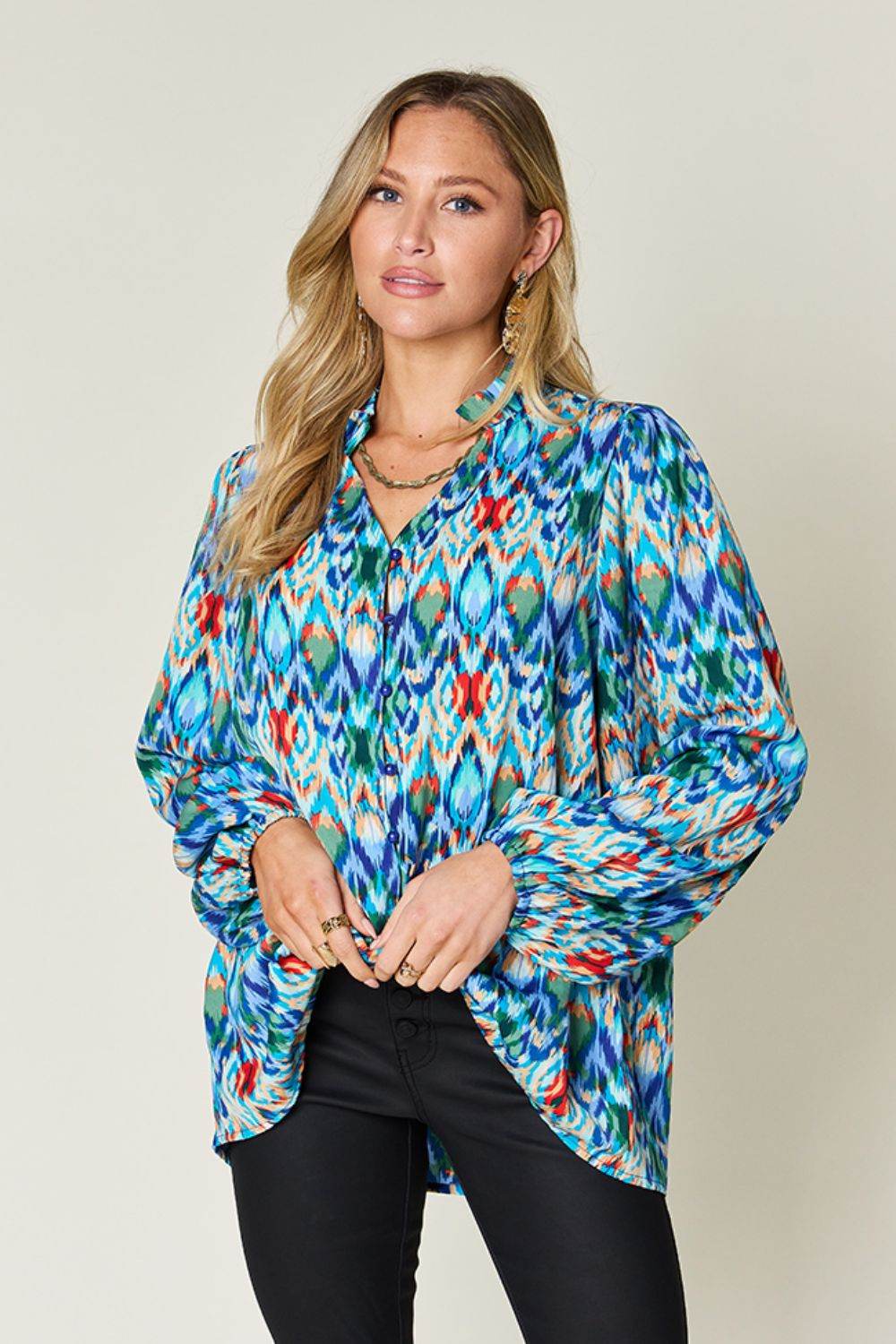 Double Take Full Size Printed Balloon Sleeve Blouse - Amexza