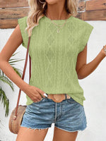 Openwork Round Neck Cap Sleeve Top - Amexza