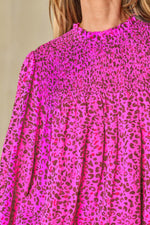 Ruched Leopard Mock Neck Long Sleeve Blouse - Amexza