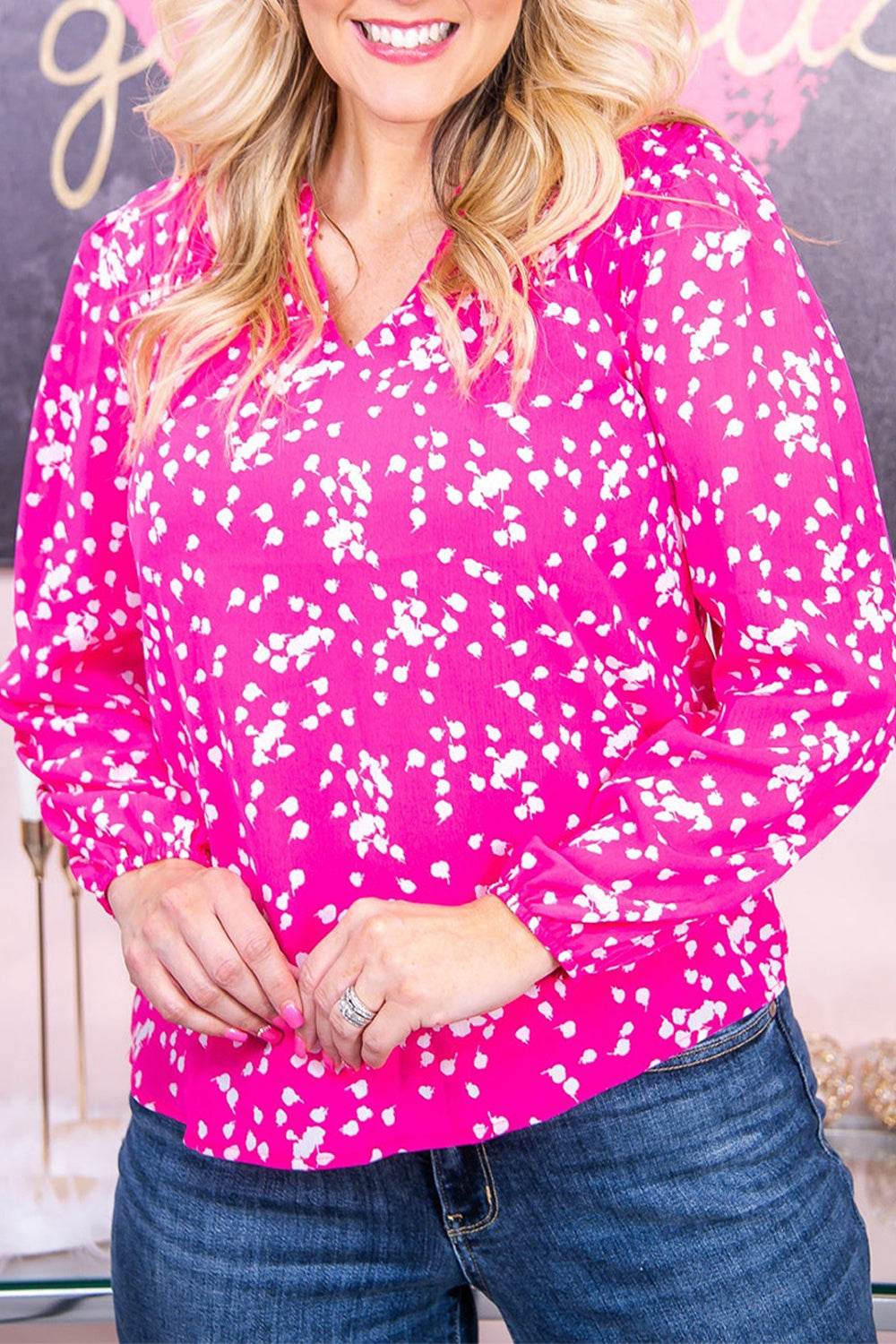 Plus Size Notched Neck Smocked Blouse Hot Pink for a perfect OOTD – dress to impress outfits from Amexza