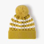 Striped Contrast Knit Hat with Pom-pom Yellow One Size for a perfect OOTD – dress to impress outfits from Amexza