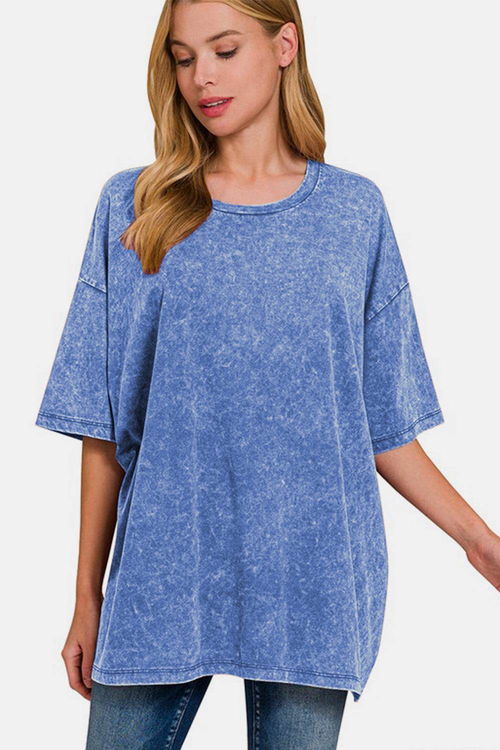 Zenana Full Size Washed Round Neck Drop Shoulder Oversized T-Shirt - Amexza