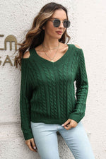 Cold Shoulder V-Neck Cable-Knit Pullover Sweater for a perfect OOTD – dress to impress outfits from Amexza
