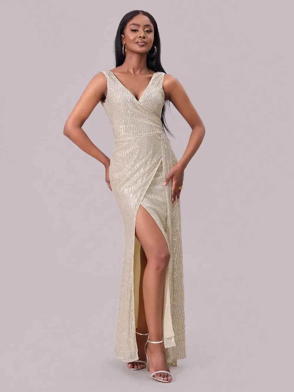 Slit Sequin Surplice Sleeveless Maxi Dress for a perfect OOTD – dress to impress outfits from Amexza