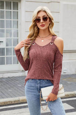 Ribbed Cold Shoulder Long Sleeve Top - Amexza