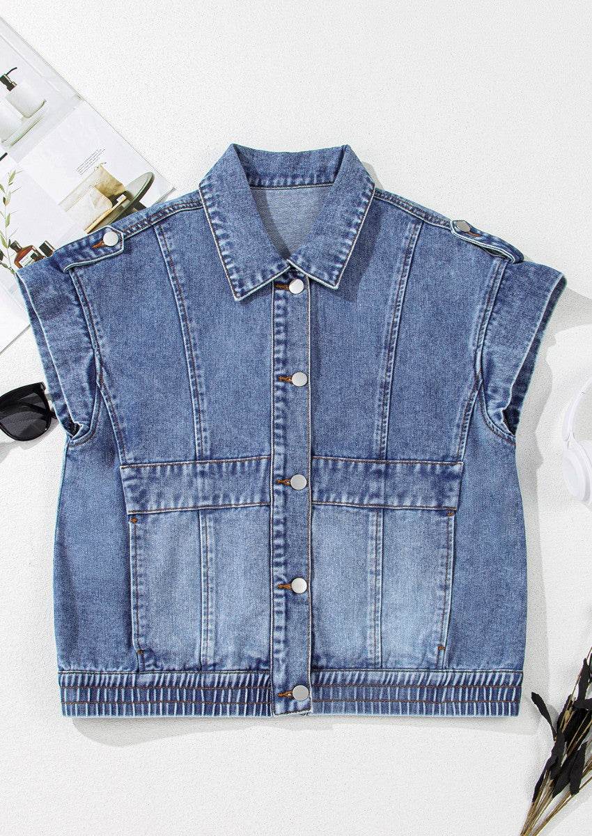 Button Up Cap Sleeve Denim Jacket - Amexza
