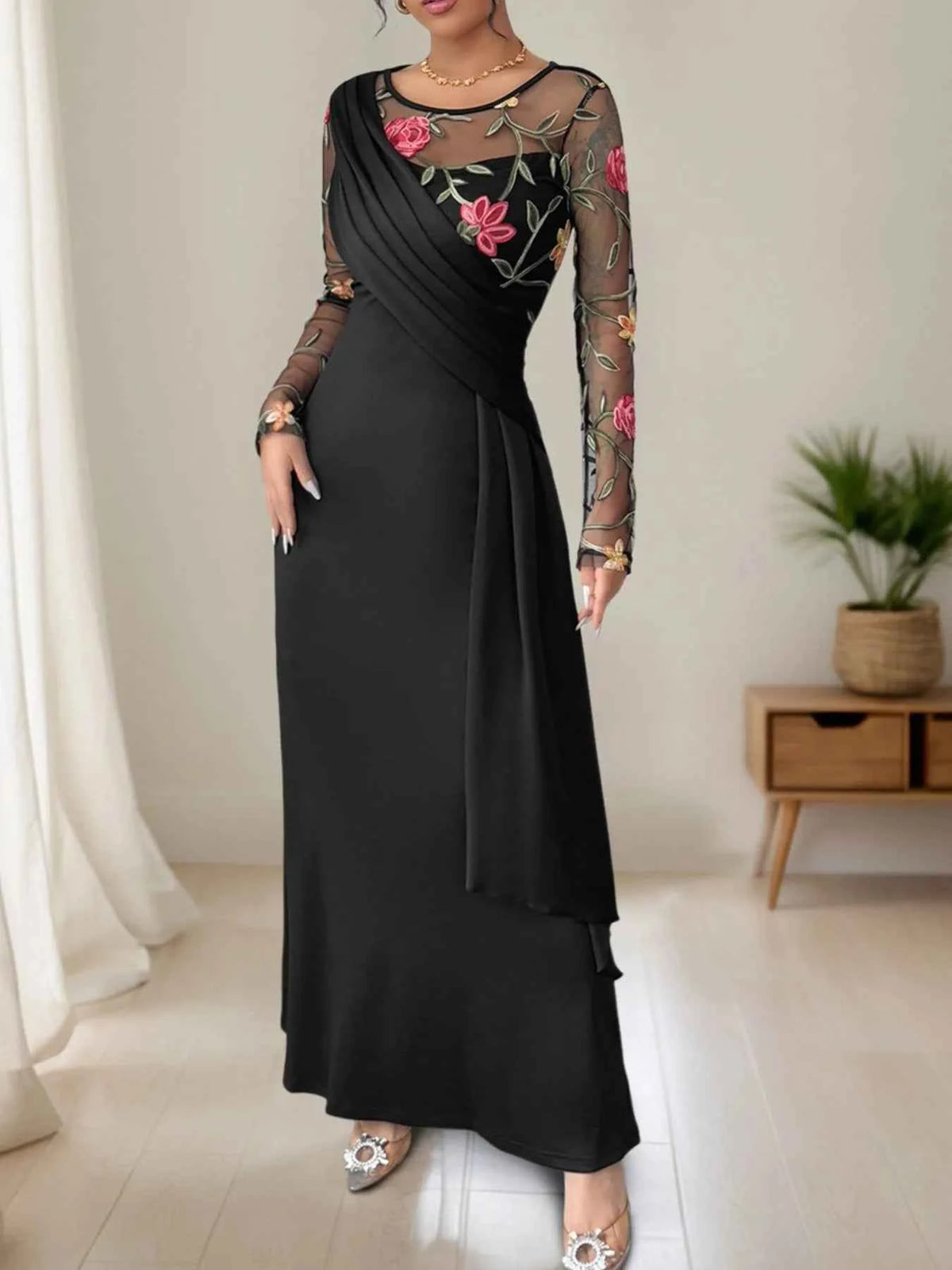 Floral Mesh Sleeve Ruched Maxi Dress