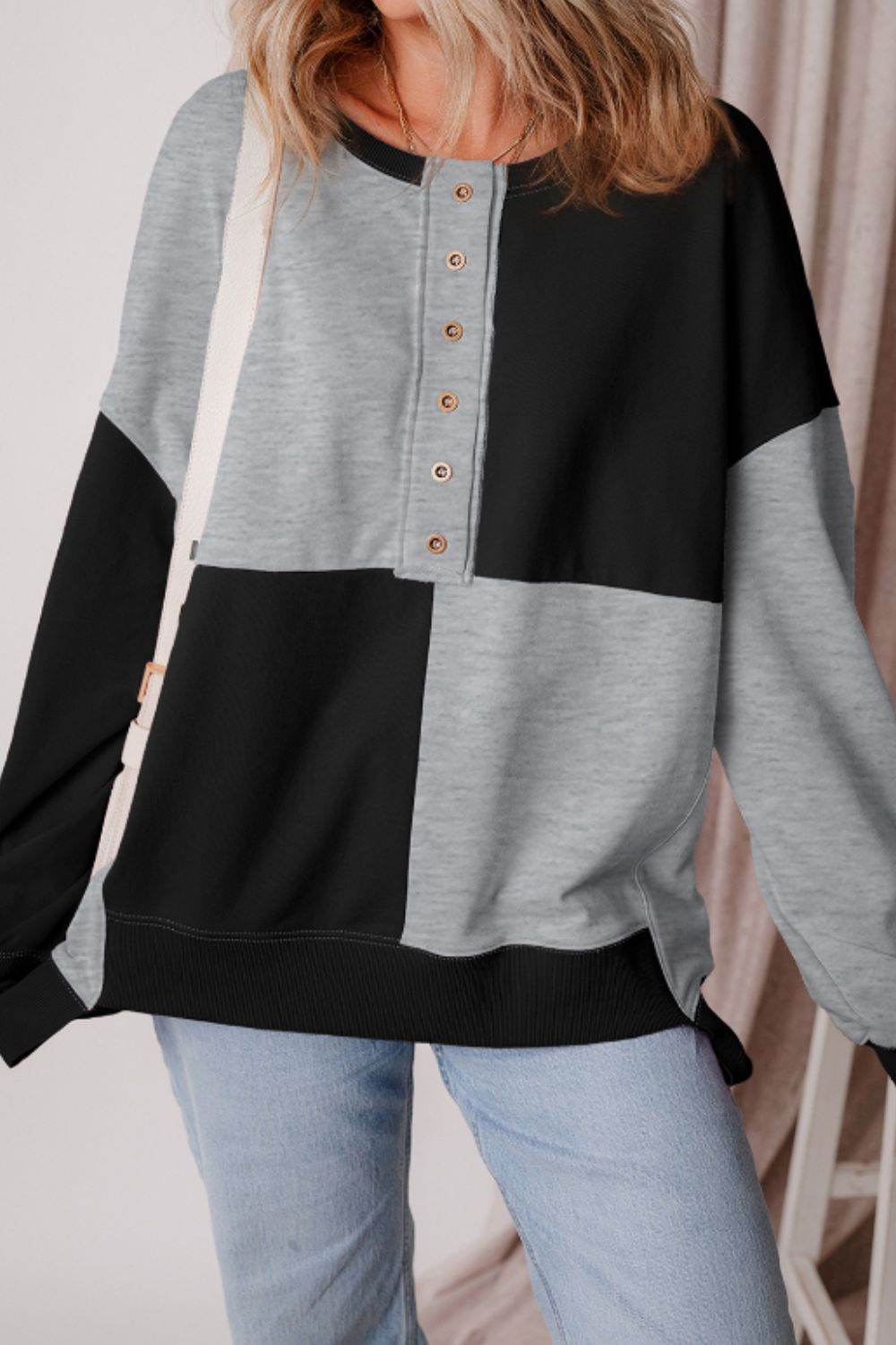 Color Block Half Button Long Sleeve Sweatshirt Black for a perfect OOTD – dress to impress outfits from Amexza