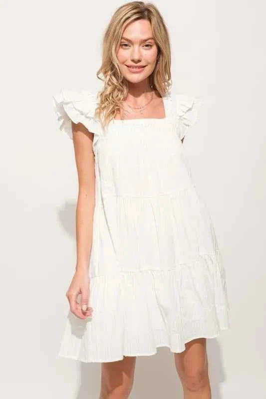 And The Why Origami Pleating Ruffled Sleeve Tiered Dress