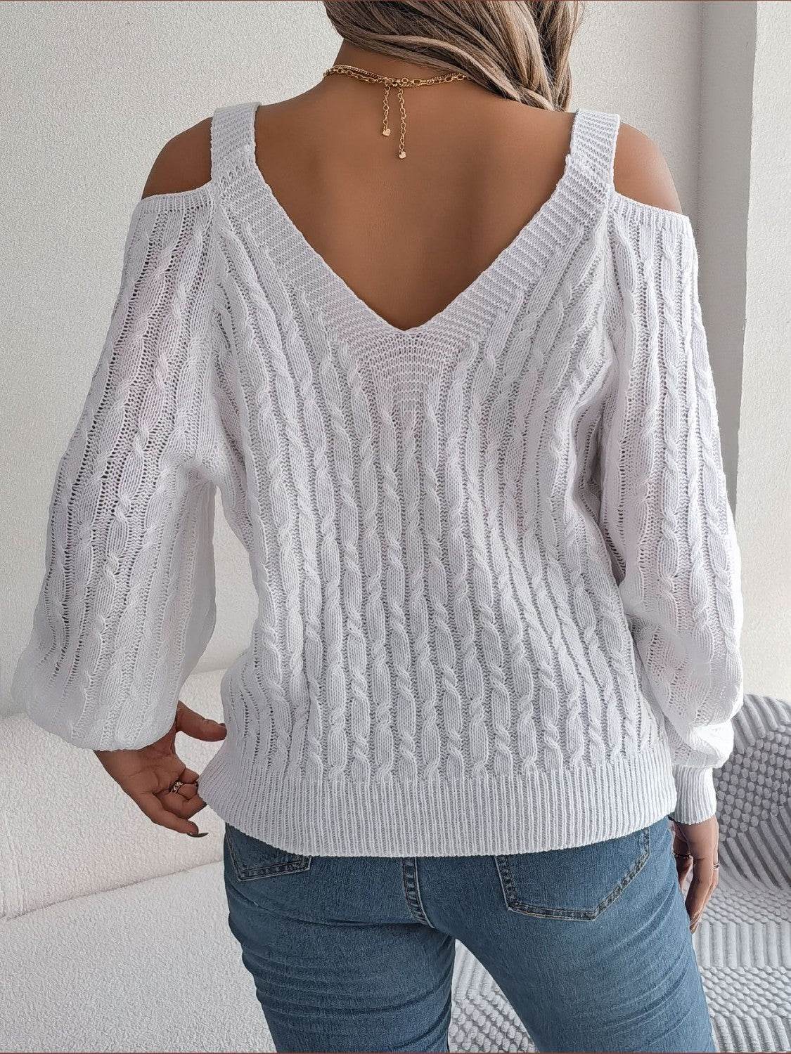 Cable-Knit Cold Shoulder Long Sleeve Sweater for a perfect OOTD – dress to impress outfits from Amexza