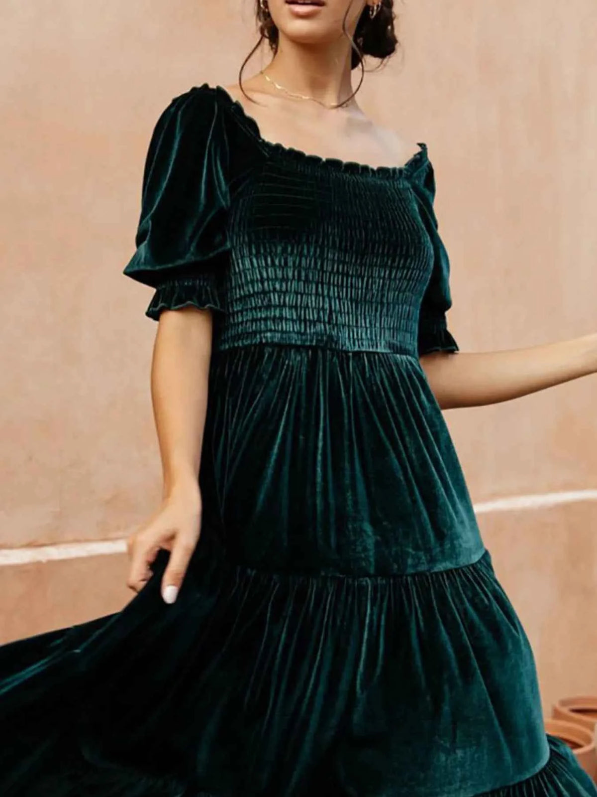 Smocked Half Sleeve Tiered Midi Dress