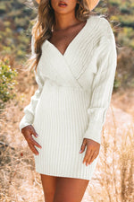 Cable-Knit Surplice Lantern Sleeve Sweater Dress White for a perfect OOTD – dress to impress outfits from Amexza