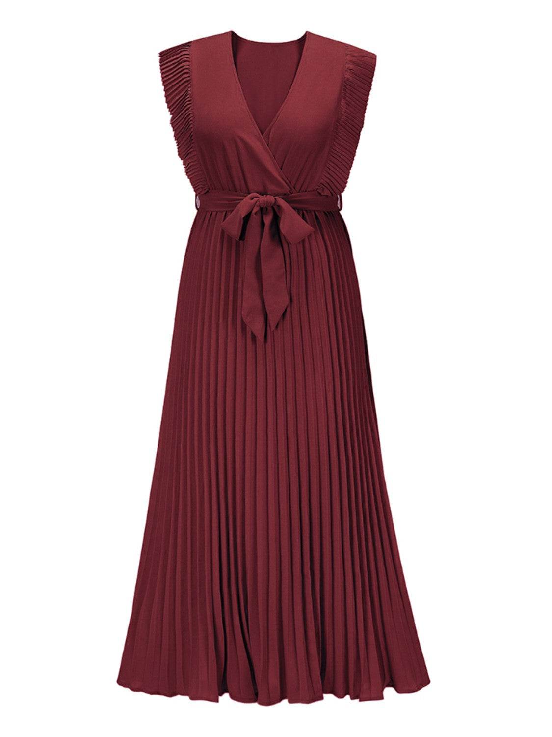Tied Surplice Cap Sleeve Pleated Dress - Amexza