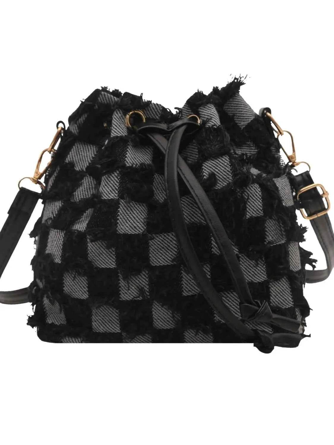 Drawstring Raw Edge Bucket Bag for a perfect OOTD – dress to impress outfits from Amexza