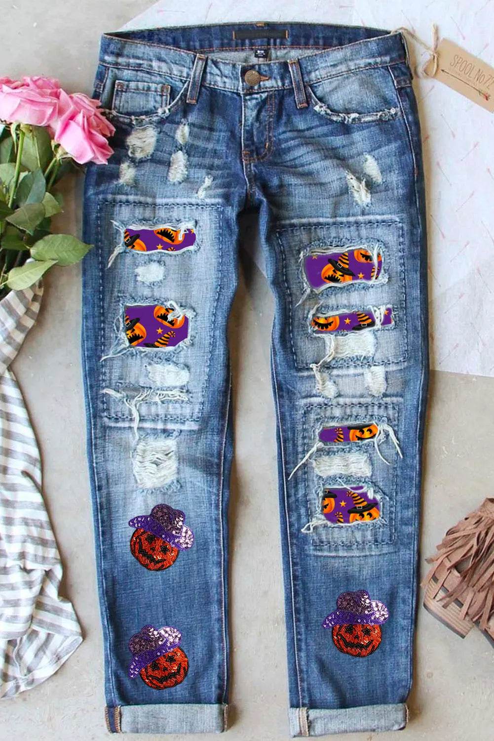 Distressed Sequin Pumpkin Jeans - Amexza