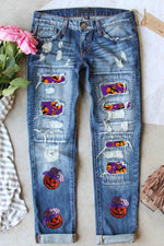 Distressed Sequin Pumpkin Jeans - Amexza