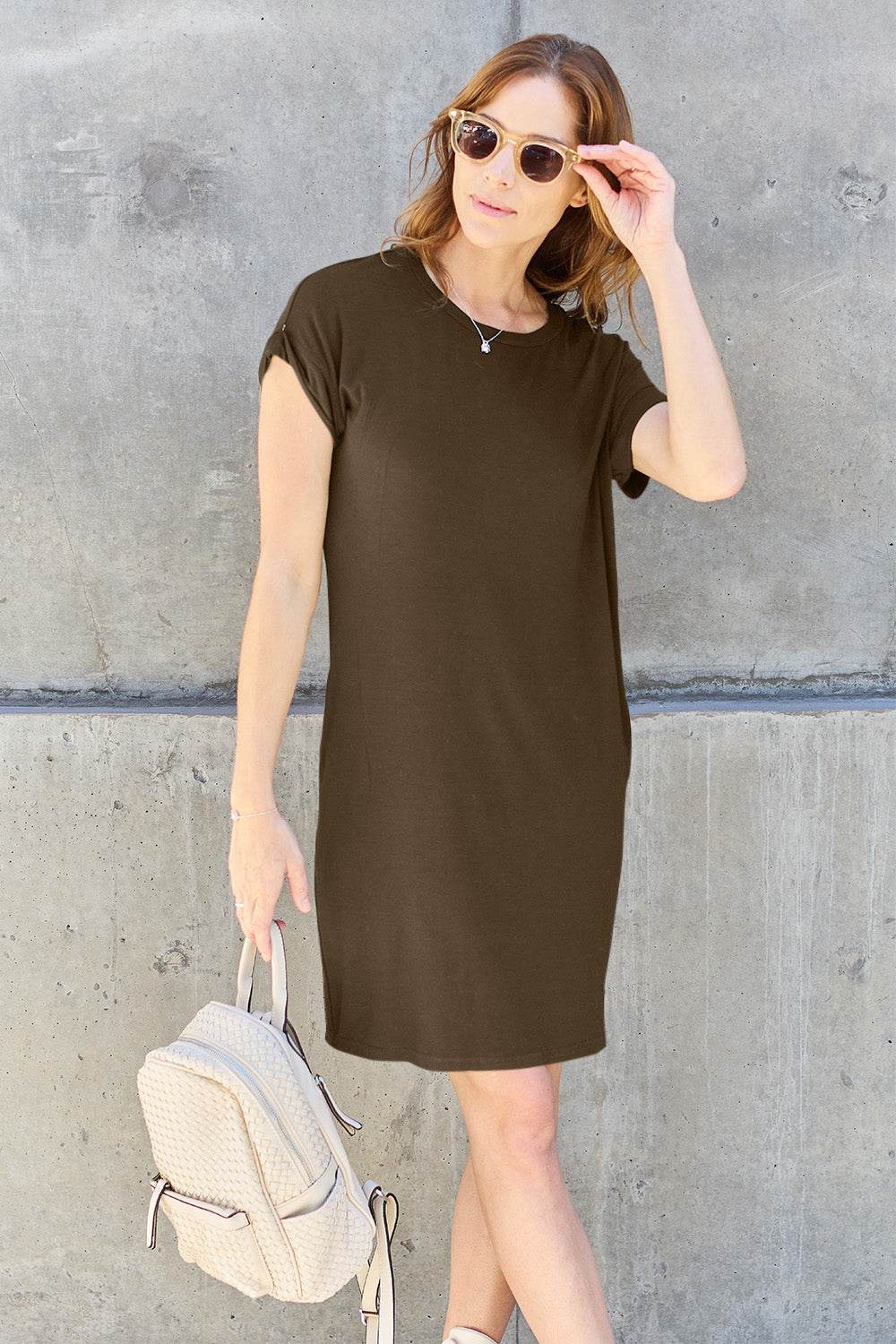 Basic Bae Full Size Round Neck Short Sleeve Dress with Pockets - Amexza
