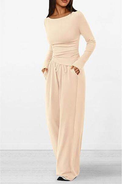 Round Neck Long Sleeve Top and Pants Set Tan for a perfect OOTD – dress to impress outfits from Amexza