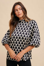 Annie Wear Tie Back Abstract Print Mock Neck Half Sleeve Blouse - Amexza