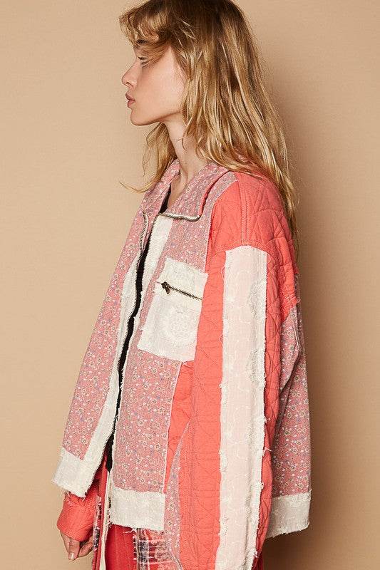 POL Floral Patchwork Zip Up Long Sleeve Jacket - Amexza