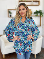 Double Take Full Size Printed Balloon Sleeve Blouse - Amexza
