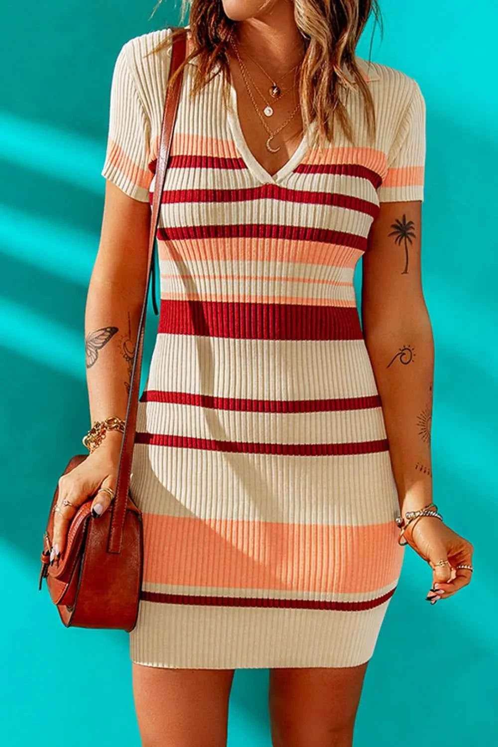 Contrast Striped Johnny Collar Short Sleeve Mini Dress for a perfect OOTD – dress to impress outfits from Amexza