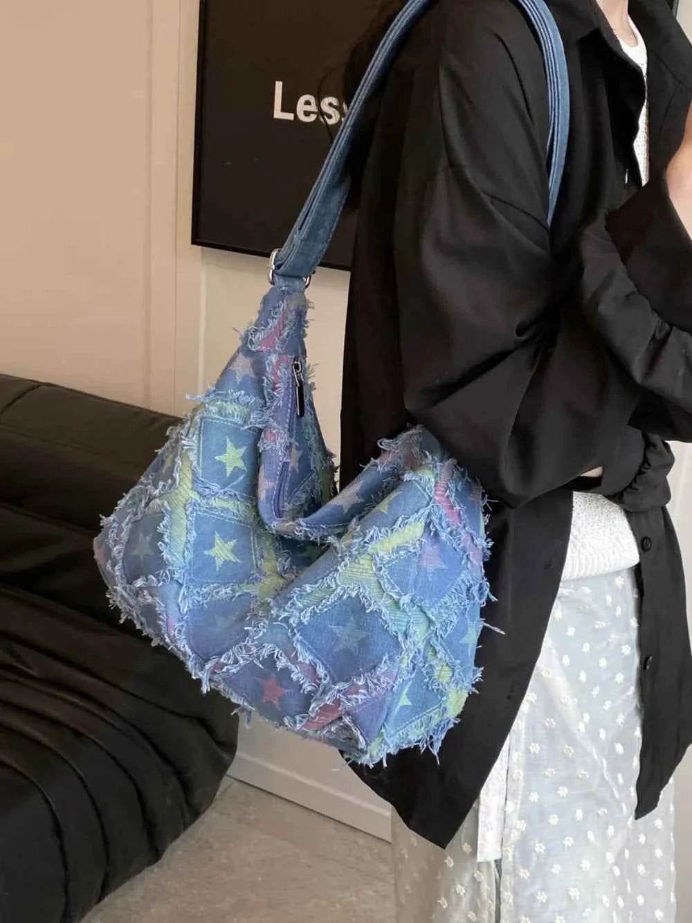 Raw Hem Denim Shoulder Bag Blue Star One Size for a perfect OOTD – dress to impress outfits from Amexza