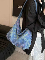 Raw Hem Denim Shoulder Bag Blue Star One Size for a perfect OOTD – dress to impress outfits from Amexza