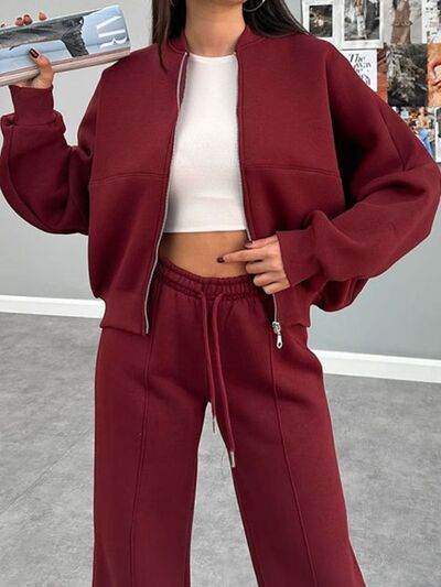 Baseball Collar Zip Up Top and Drawstring Paants Set Burgundy for a perfect OOTD – dress to impress outfits from Amexza