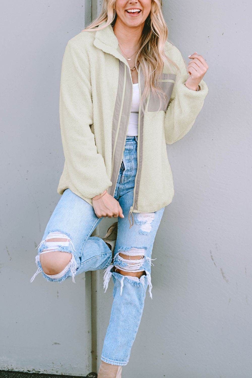 Chest Pocket Zip Up Fleece Jacket - Amexza