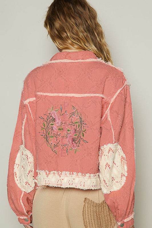 POL Crochet Patch Embroidered Button Up Jacket - Amexza