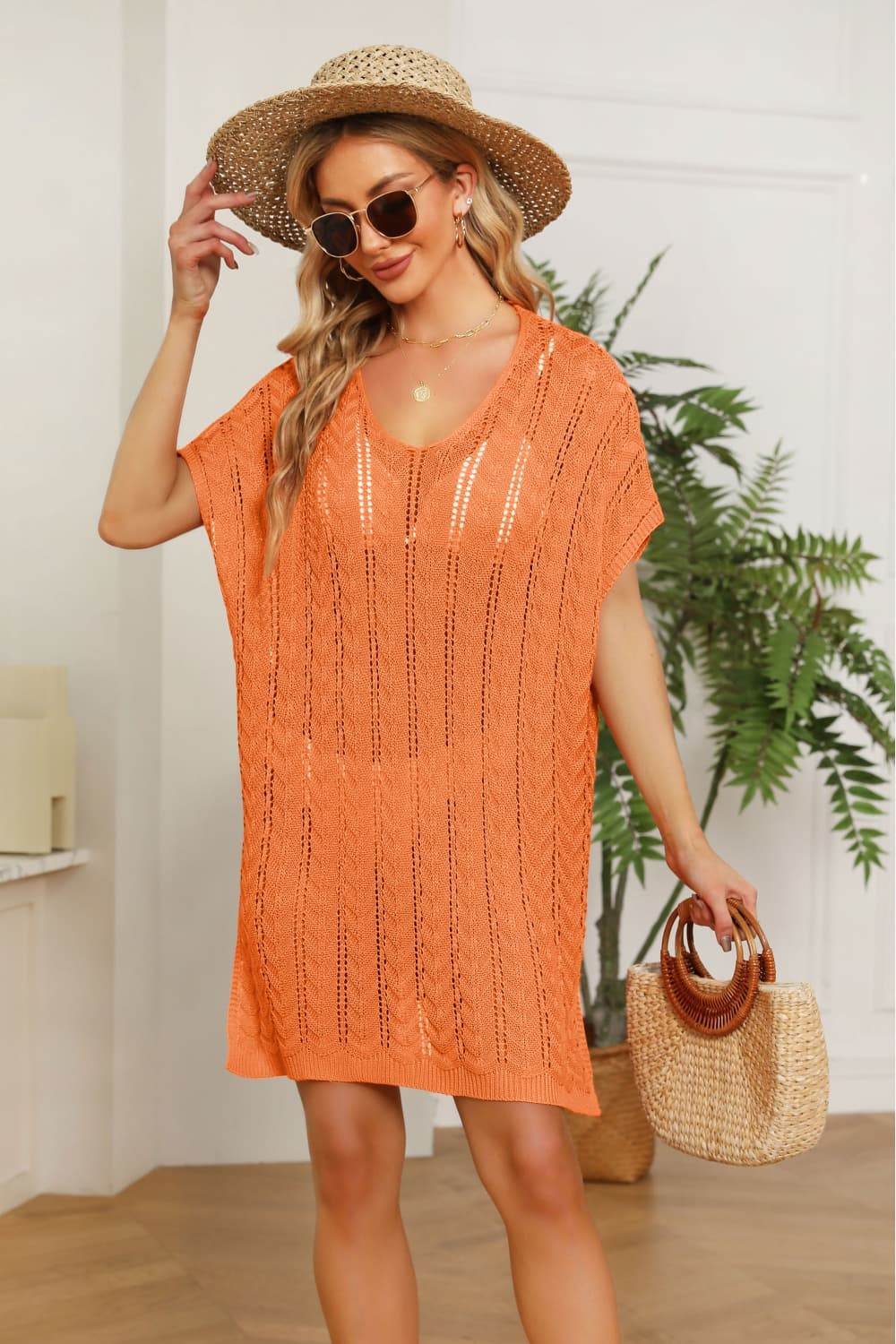 Openwork Side Slit Knit Dress Orange One Size for a perfect OOTD – dress to impress outfits from Amexza